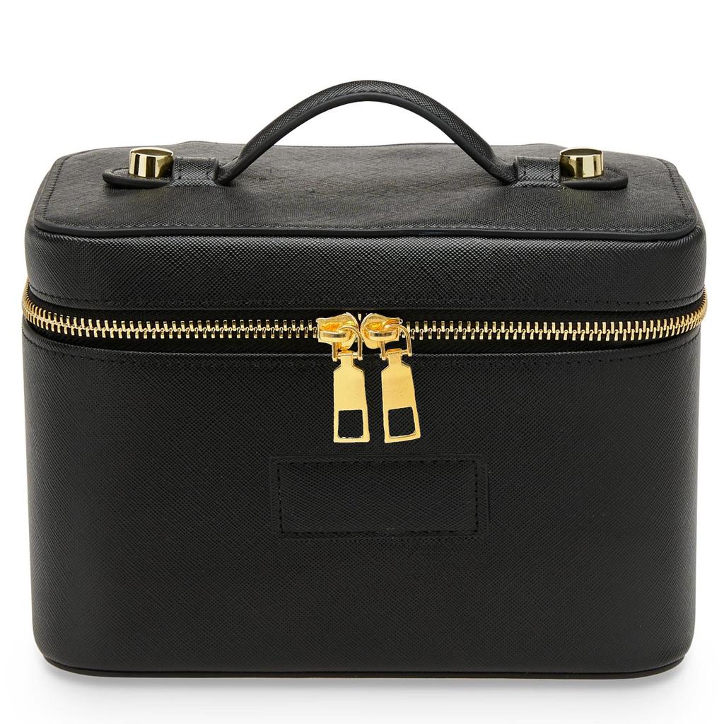 Portable Cross-Grain Leather Cosmetic Bag with Gold Hardware - Makeup and Skincare Travel Organizer