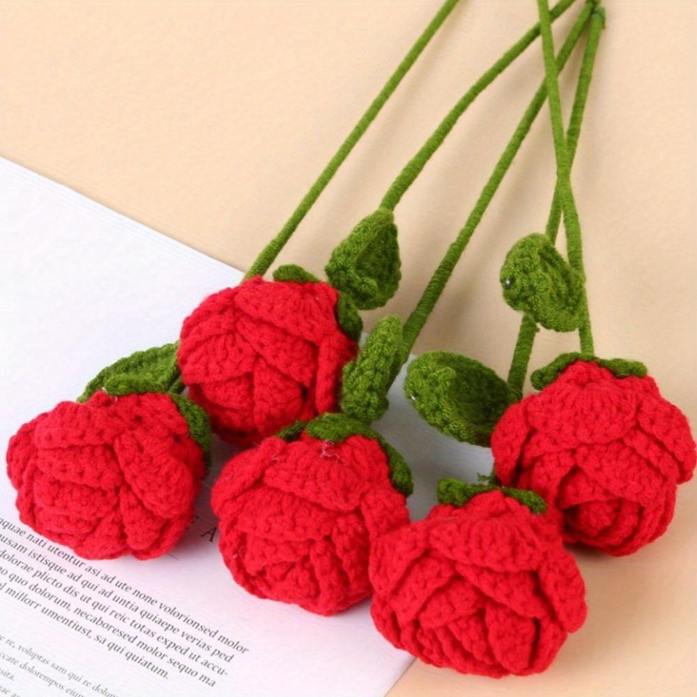 6 Pcs Crochet Flowers Crochet Rose Flowers Rose Artificial Flowers Knitted Handmade Flowers Home Decor Woven Gift for Birthday Valentines Mom