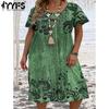 Plus Size Women's Fashion Summer Spring Print Short Sleeve O-Neck Loose Waistline Casual Dresses