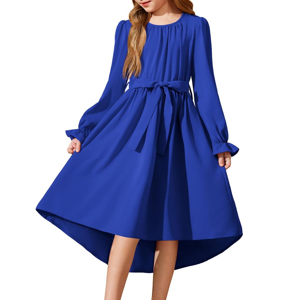 Girls' Long Sleeve Dress Belted Semi-Formal Party Dress