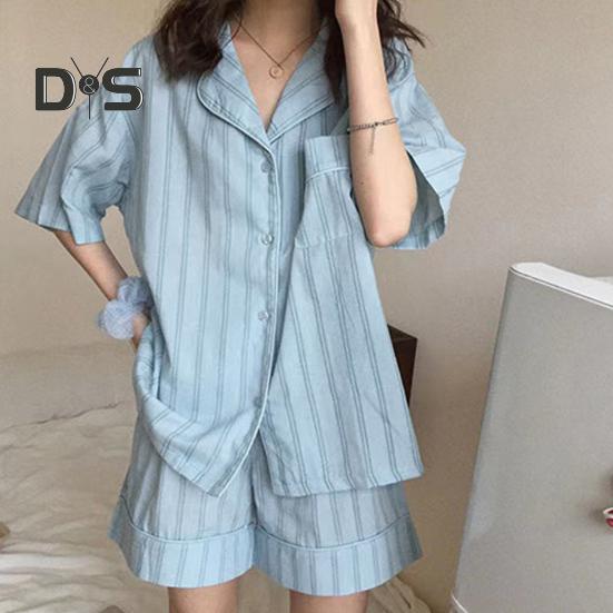 Женский пижамный комплект из 2 шт./компл., контрастный цветной полосатый принт с лацканами, с коротким рукавом, эластичная талия, свободная широкая домашняя одежда, одежда для сна, блузка, шорты, комплект