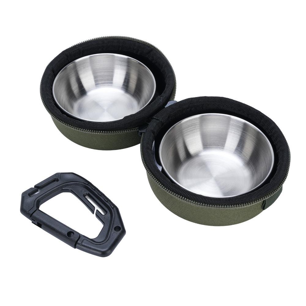Stainless Steel Portable PET Bowl Set Green and Khaki Travel PET Feeder PET Feeding
