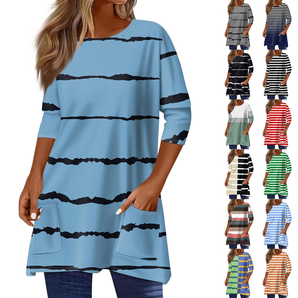 3/4 Sleeve Pocket Tops For Women T-Shirt Casual Print Mid-length Tops T Shirt Round Neck Pullover  Blouse