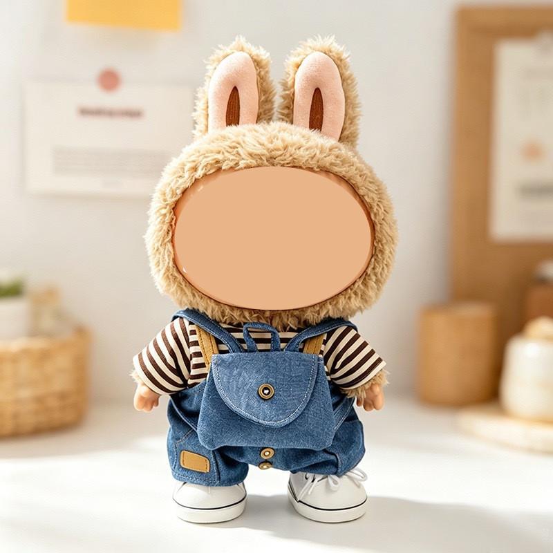 [Cloth Only] 38CM Doll Clothes Striped Shirt and Denim Overalls Set Cute Backpack Shoes Doll Accessory