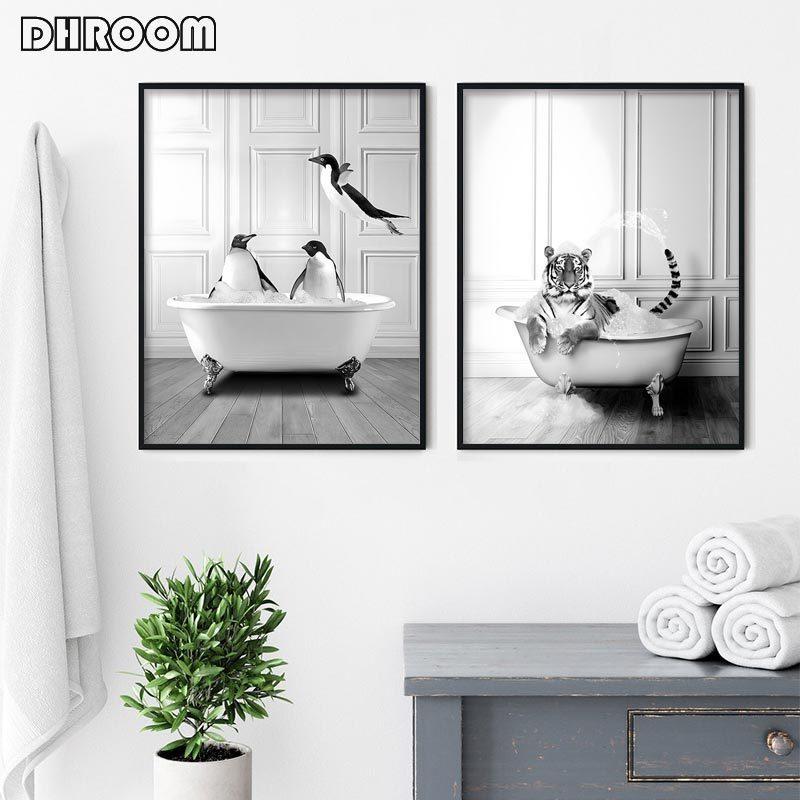 Скандинавский плакат для украшения ванной комнаты, слон, жираф, ванна, животное, черно-белый холст, картина, ретро настенные художественные принты, украшение для дома