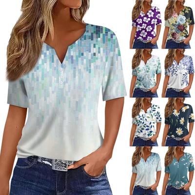 Женская повседневная футболка с v-образным вырезом и короткими рукавами, декоративная футболка на пуговицах, топ