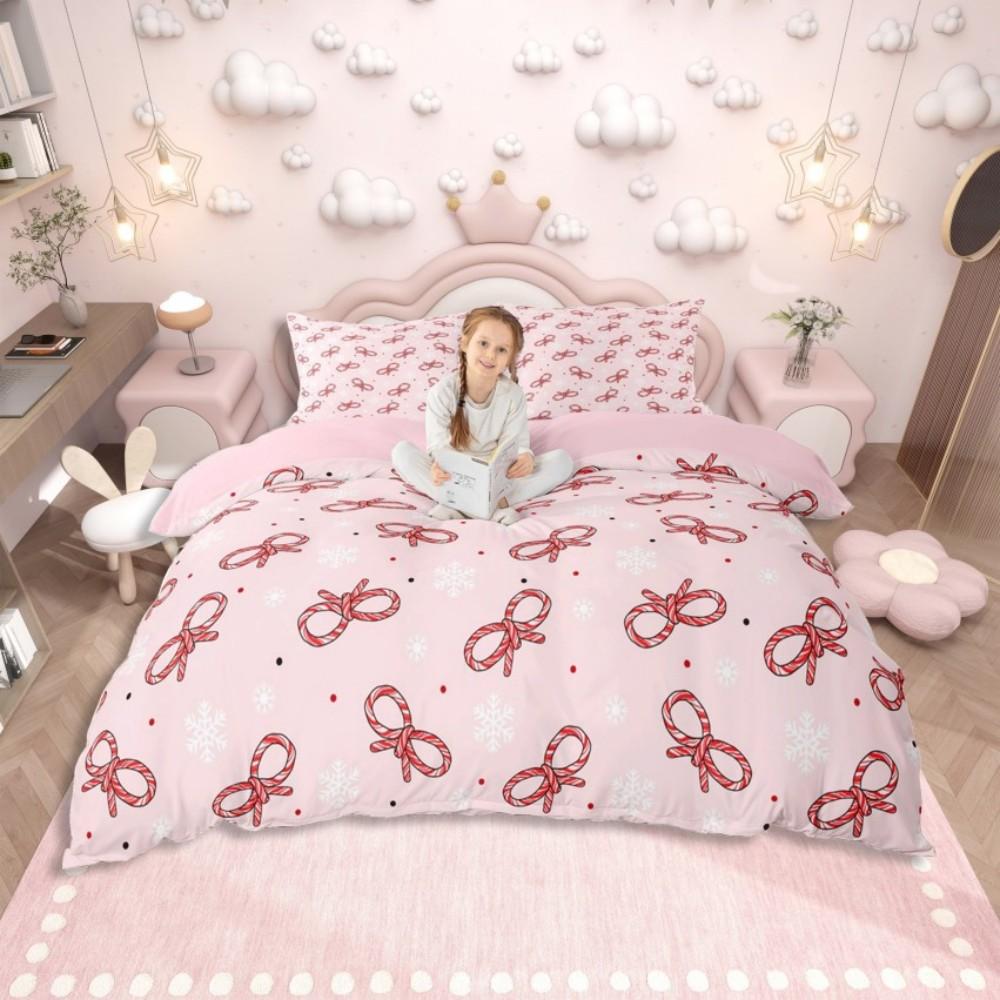 Homewish Pink Ribbon Bow Duvet Cover Set for Girls,Kawaii Princess Cartoon Bedding Set,Cute Stars Print Reversible Bed Set