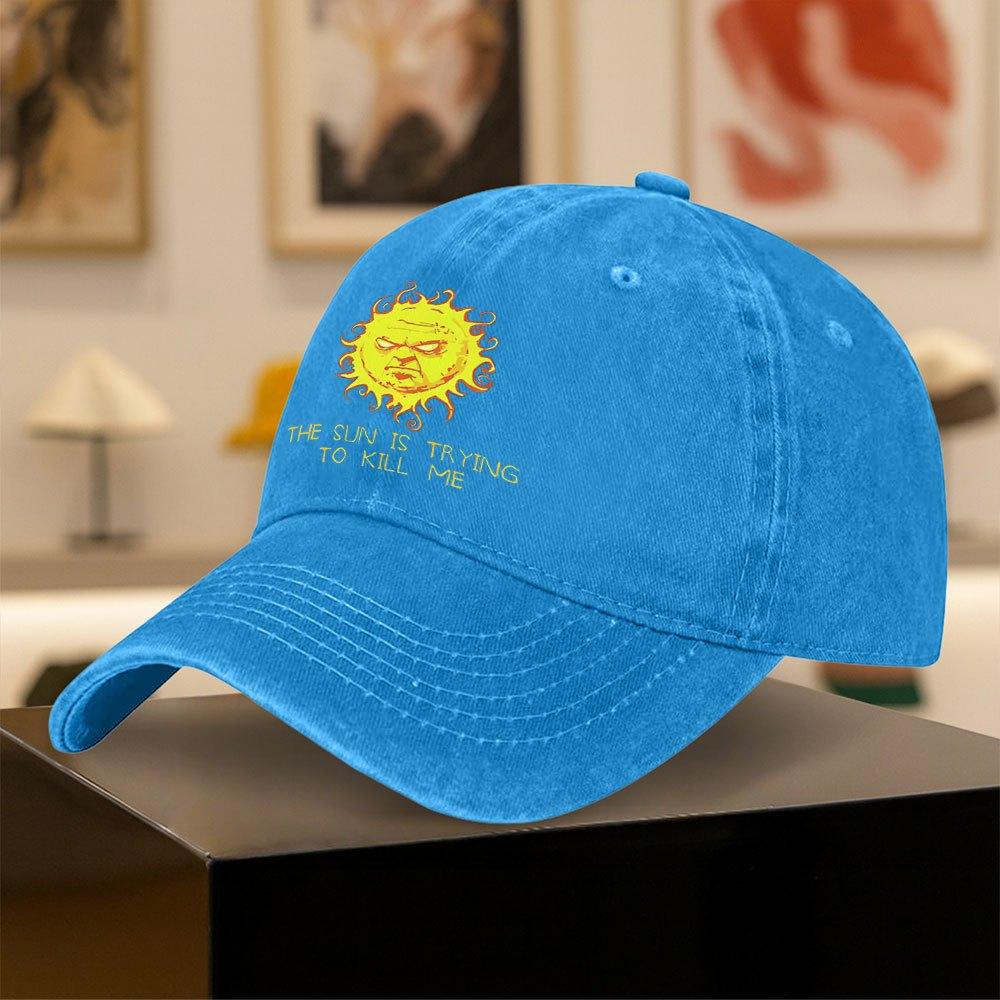 Vintage Washed Distressed Baseball Cap with Retro Sun The Sun is Trying to Kill Me Print Lightweight Unisex Adjustable Sna