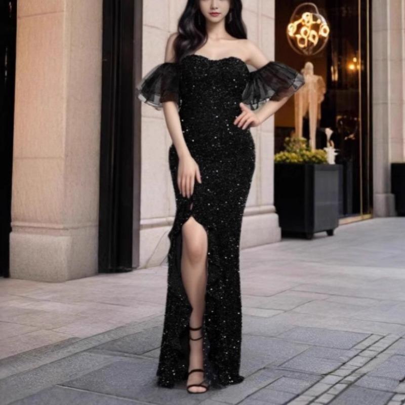 Spring Women's Sexy Sparkly Silk Short-sleeved Party Dress