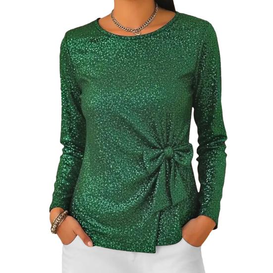 Женские топы с круглым вырезом, длинными рукавами и сверкающими пайетками, пуловеры с мерцающим бантом
