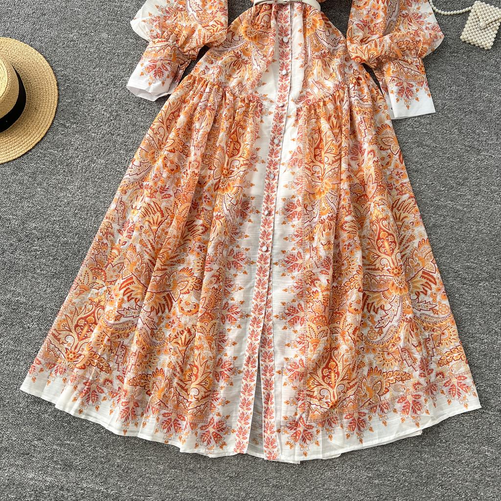Spring Autumn Women Big Size Print Single Breasted Long Maxi Loose Seaside Holiday Beach Dresses with Belt