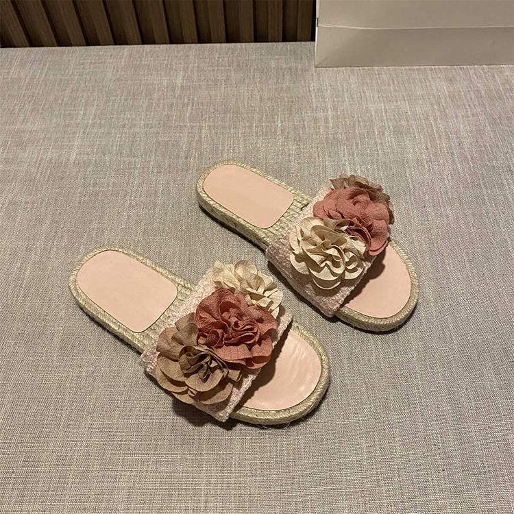 Fashion Women Flower Decoration Flat Slippers Chanese Style Braided Bottom Slip On Women Sandals Summer Soft Lightweight Femme Slides
