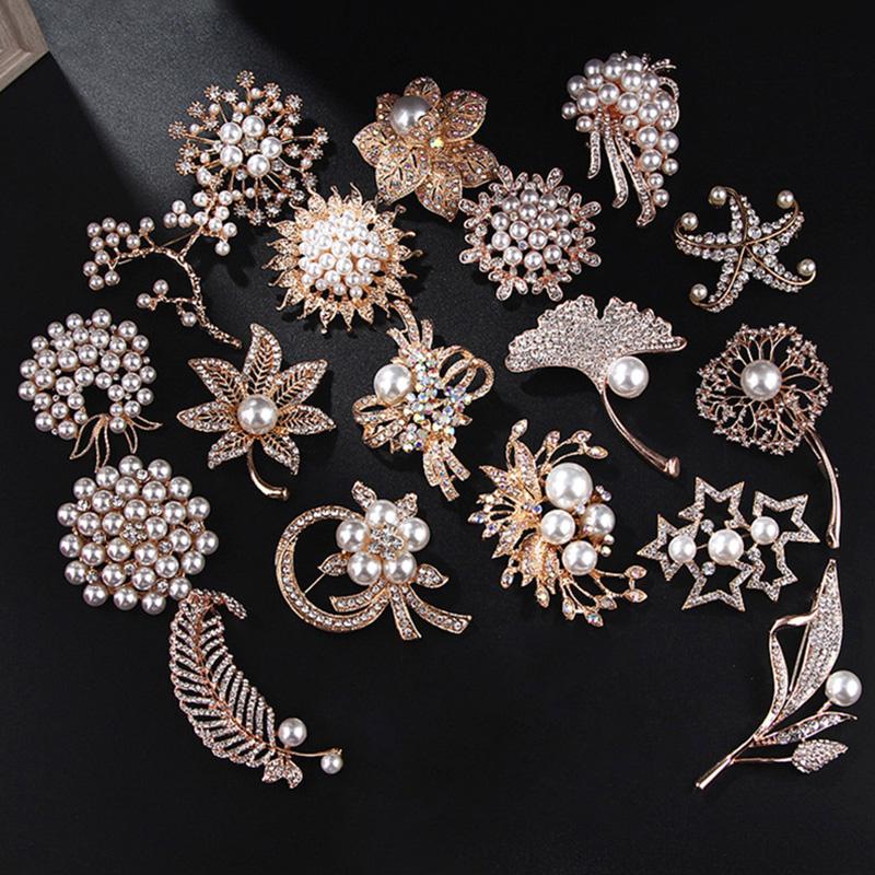 Fashion Jewelry High Quality Gold Color Brooch Pins Crystals Imitation Pearl Flower Brooch Women Wedding Party Accessories