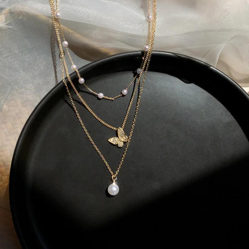 Multi-layer Butterfly Pearl Necklace Women's Temperament Versatile Collarbone Chain Trendy Fashion Versatile Jewelry Wholesale