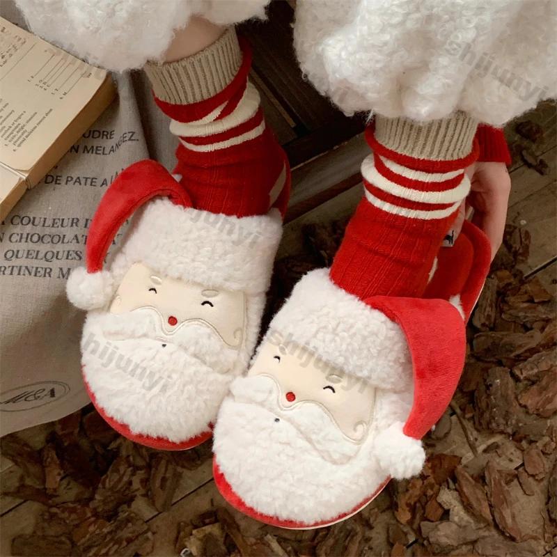 Winter New Cute Christmas Cotton Slippers for Woman Casual Warm Plush Anti-slip Girls Indoor Home Floor Fashion Party Slides