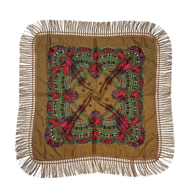 Ethnic Style Women Floral Printed Fringed Russian Square Scarf