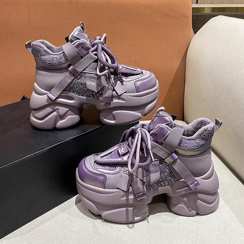 Модная зимняя женская массивная теплая меховая обувь 8 см высокая платформа спортивная обувь для папы женская блестящая кожаная повседневная зимняя обувь Zapatillas Mujer