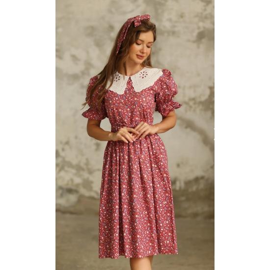 Винтажное платье из поплина с воротником-фестоном и цветочным принтом