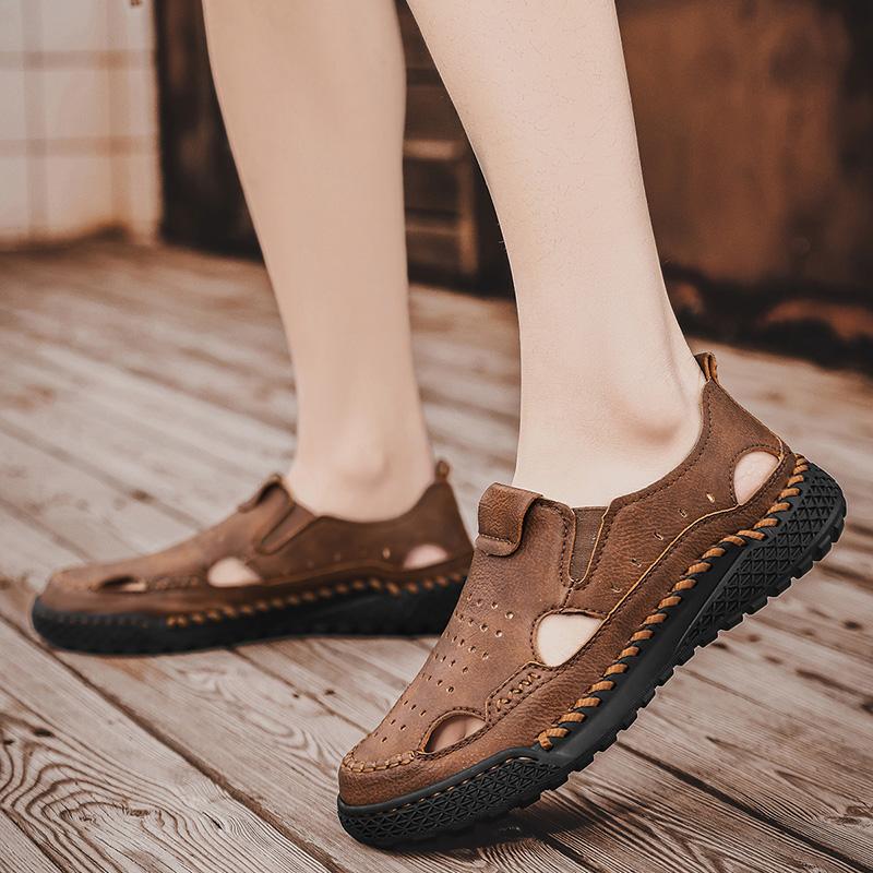 Мужские кожаные сандалии без застежек, прочные сшитые вручную туфли с закрытым носком, нескользящие туфли для использования в помещении, на открытом воздухе, на пляже