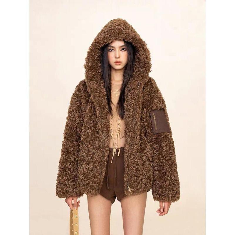 Lamb Wool Coat Women's New Winter Hooded Medium and Long Thickened Loose High-end Fur Fur Coat