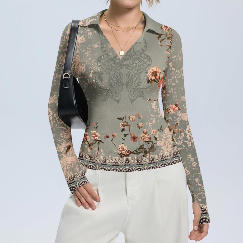 Women's Fashion Casual Print V-Neck Long Sleeve Button-Down Top