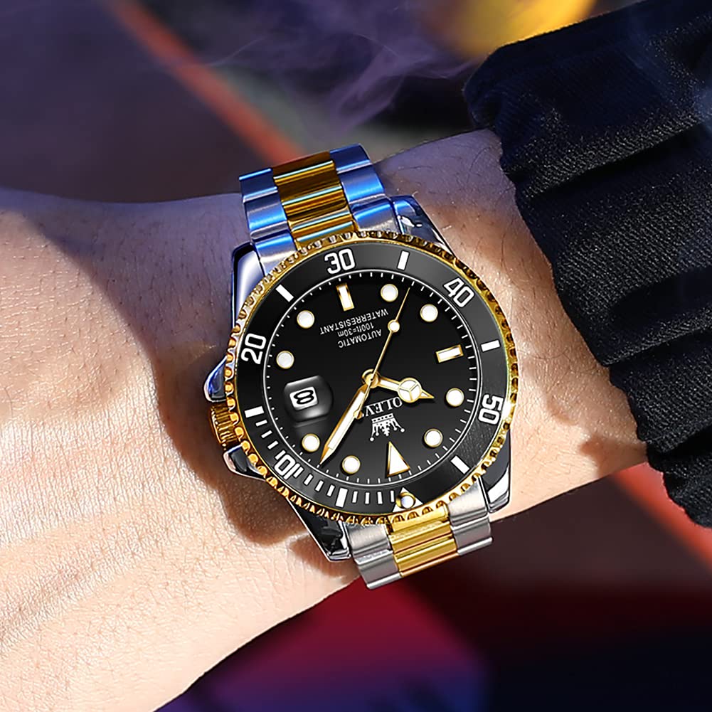 Механические часы OLEVS с автоматическим ручным заводом, водонепроницаемые, с подсветкой, с указанием даты, из нержавеющей стали, наручные часы для мужчин, черные, мужские