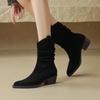 Women's Shoes 2024 Autumn Hot Sale Slip On Women's Boots Pointed Toe Solid Flock Pleated Mid Heeled Concise Retro Short Boots
