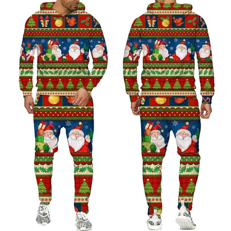 Новые мужские/женские забавные худи/брюки/костюм с 3D принтом Санта-Клауса, спортивный костюм, модные наряды для пар, мужские спортивные костюмы для рождественской вечеринки