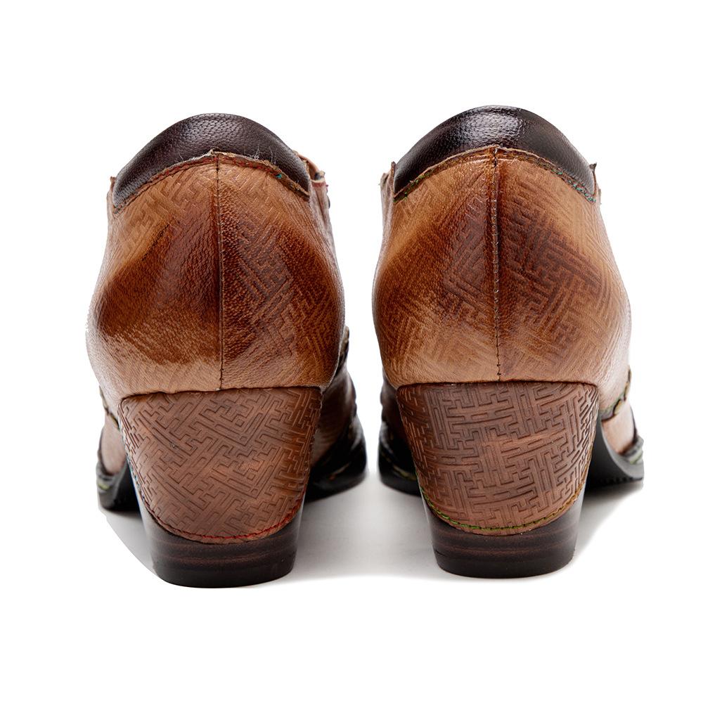 Johnature Женские туфли-лодочки из натуральной кожи, винтажные туфли на высоком каблуке с квадратным носком и заклепками, расписанные вручную, на толстом каблуке со шнуровкой