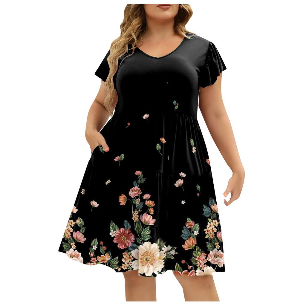 Plus Size Women's V-Neck Fashion Print Loose Comfortable Large Hem Dress