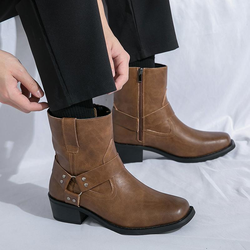 Модные ботинки с квадратным носком мужские из ПУ однотонные на низком каблуке удобные нескользящие классические деловые повседневные мужские короткие ботинки