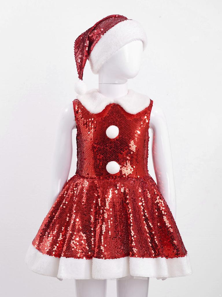 Kids Girls Christmas Party Dance Performance Costume Sleeveless Sequins Dress with Hat Set