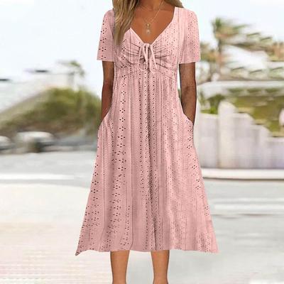 Женское модное повседневное однотонное платье с круглым вырезом и коротким рукавом с карманом