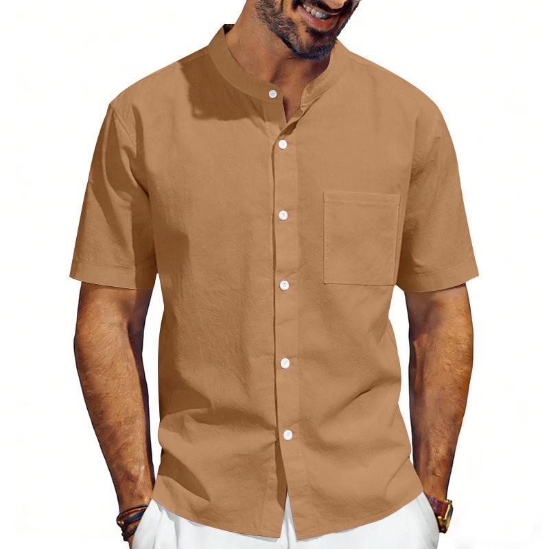 Men's Linen‑Blend Mandarin Collar Short‑Sleeve Shirt, Stand Collar Button‑Down with Chest Pocket, Breathable Relaxed‑Fit Casual Summer Top for Daily