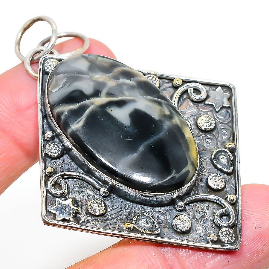 Ocean Fume Agate Handmade 925 Sterling Silver Gift Pendant 2.64" u9S73