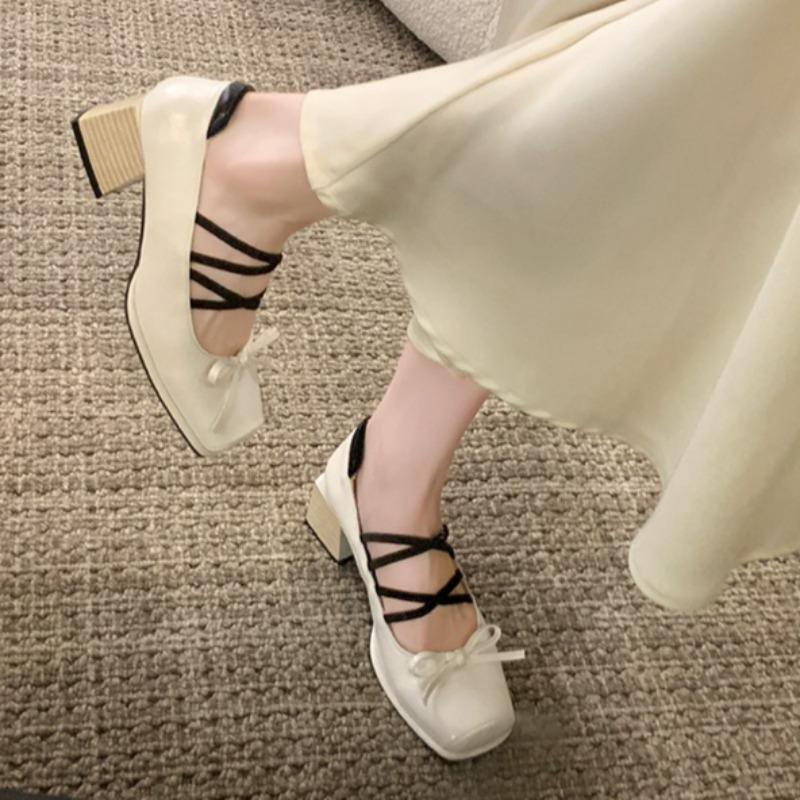 Одиночные туфли Осень Новые Квадратный носок Мелкий вырез Бант Перекрещенный тонкий ремешок Нескользящие Износостойкие Блочный каблук Туфли Мэри Джейн
