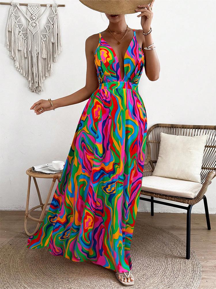 Европейское и американское платье макси без спины с радужным принтом тай-дай