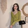 Fall Winter Women V Neck Solid Color Long Sleeve Pleated Knitted Bottoming Chic Sweater