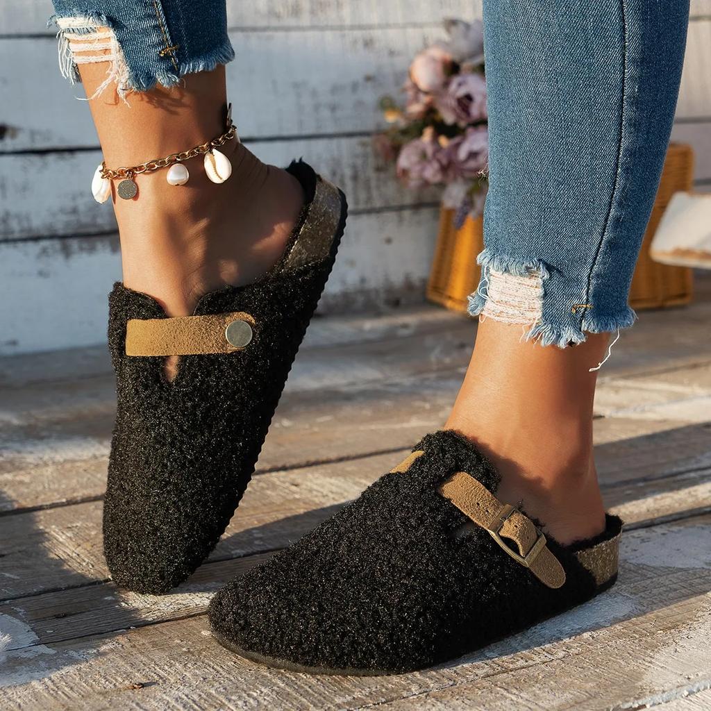 Fashion Women Slippers Mules Fur Women Shoes Winter New Buckle Flats Platform Walking Plush Ladies Slides Casual Warm Indoor Boots Women