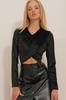 Women's Blouse New Season Fashion Black Crew Neck Wrap Velvet Crop Blouse