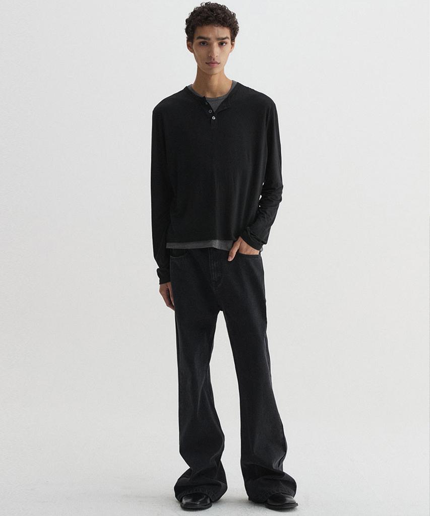 DNSR Layered Henley Neck Long Sleeve Black