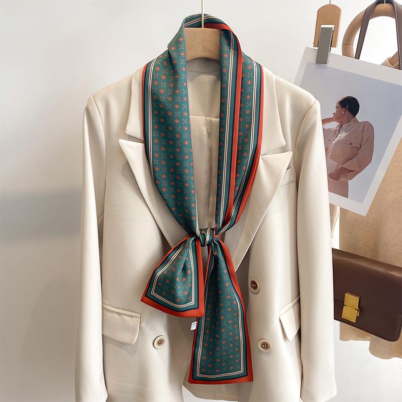 Women Silk Feel Printed Design Scarf Shawl Fashion Luxury Long Narrow Small Silk Scarves Ladies Headband Headscarve Bags Wrap