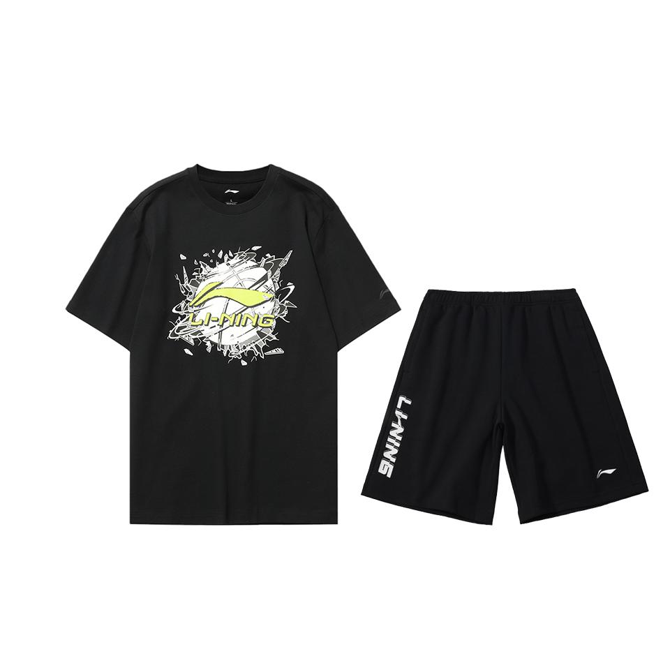 Li Ning Американский винтаж Уличная мода Удобный Простой Однотонный Принт с буквами Свободный Универсальный Повседневный Спортивный костюм AHSUA05-2+AKSU747-1