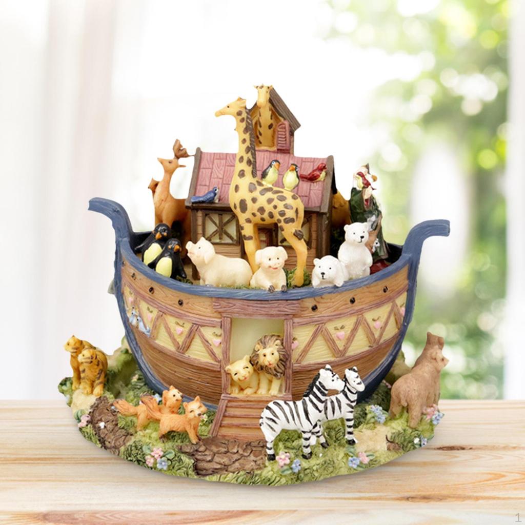 Noah Ark Animal Figurine Music Box Rotating Craft with Mechanical Tabletop Ornament for Year