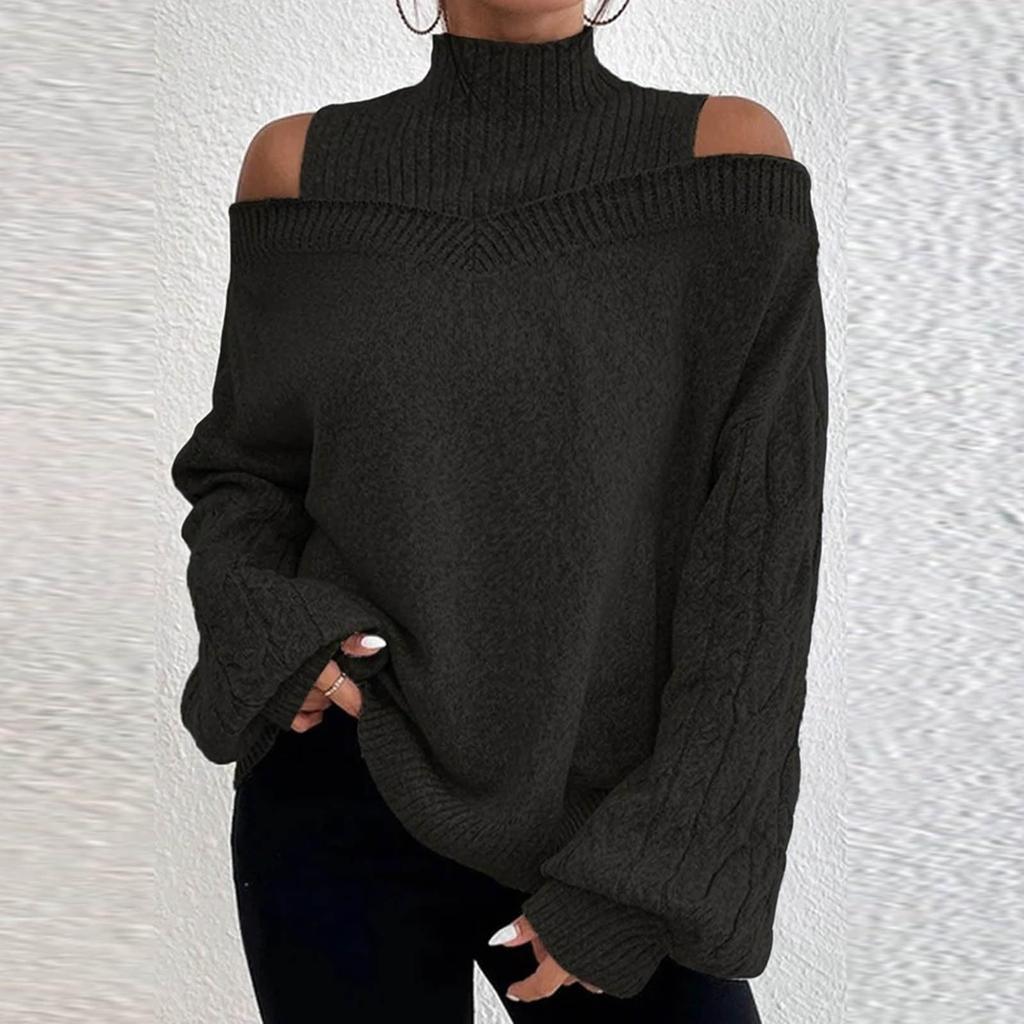 Women's Fashion Off-shoulder Sweater Pullover Loose Half-high Collar Long Sleeve Knit Cardigan