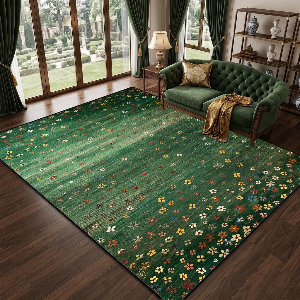 Green Retro Pastoral Style Living Room Carpet Cute Room Decor Non-slip Short Velvet Rug Large Area Easy Clean Fluffy Floor Mats