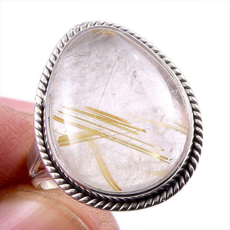 Natural Golden Rutile Gemstone 925 Solid Sterling Silver Jewelry Ring S.7 P0y64