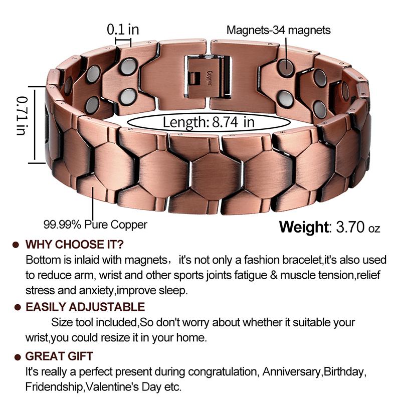 Терапевтический магнитный браслет из чистой меди для мужчин с 2-рядными неодимовыми магнитами, браслет с регулируемой длиной, ювелирные изделия, подарки для мужчин