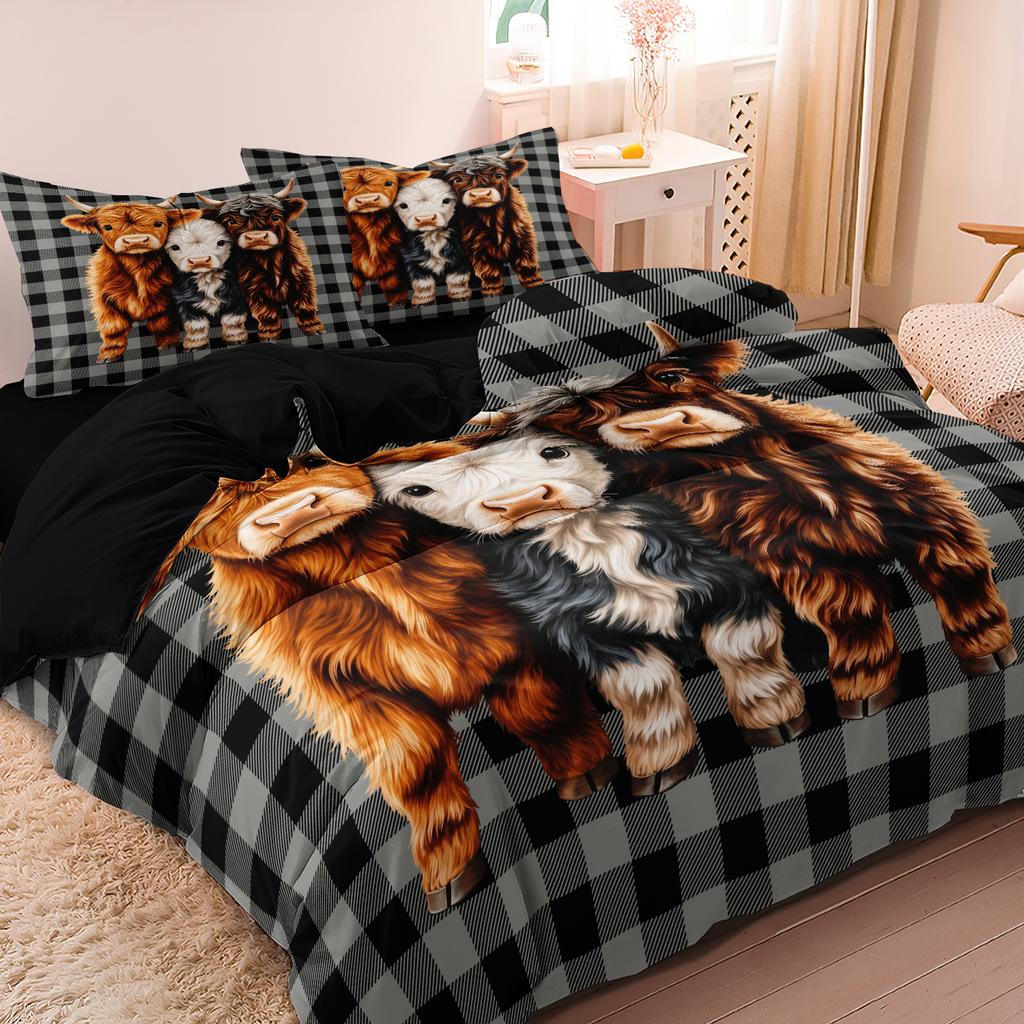 3Pcs Cute Highland Cow Duvet Cover Set, Black Grey Buffalo Fluffy Scottish Highland Cattle Rustic Farmhouse Animal‑Theme Bedding