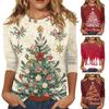 Christmas Printed Women T-shirt Round Neck 3/4 Sleeve Loose Fit Pullover Tops Xmas Tree Design Lightweight Tops